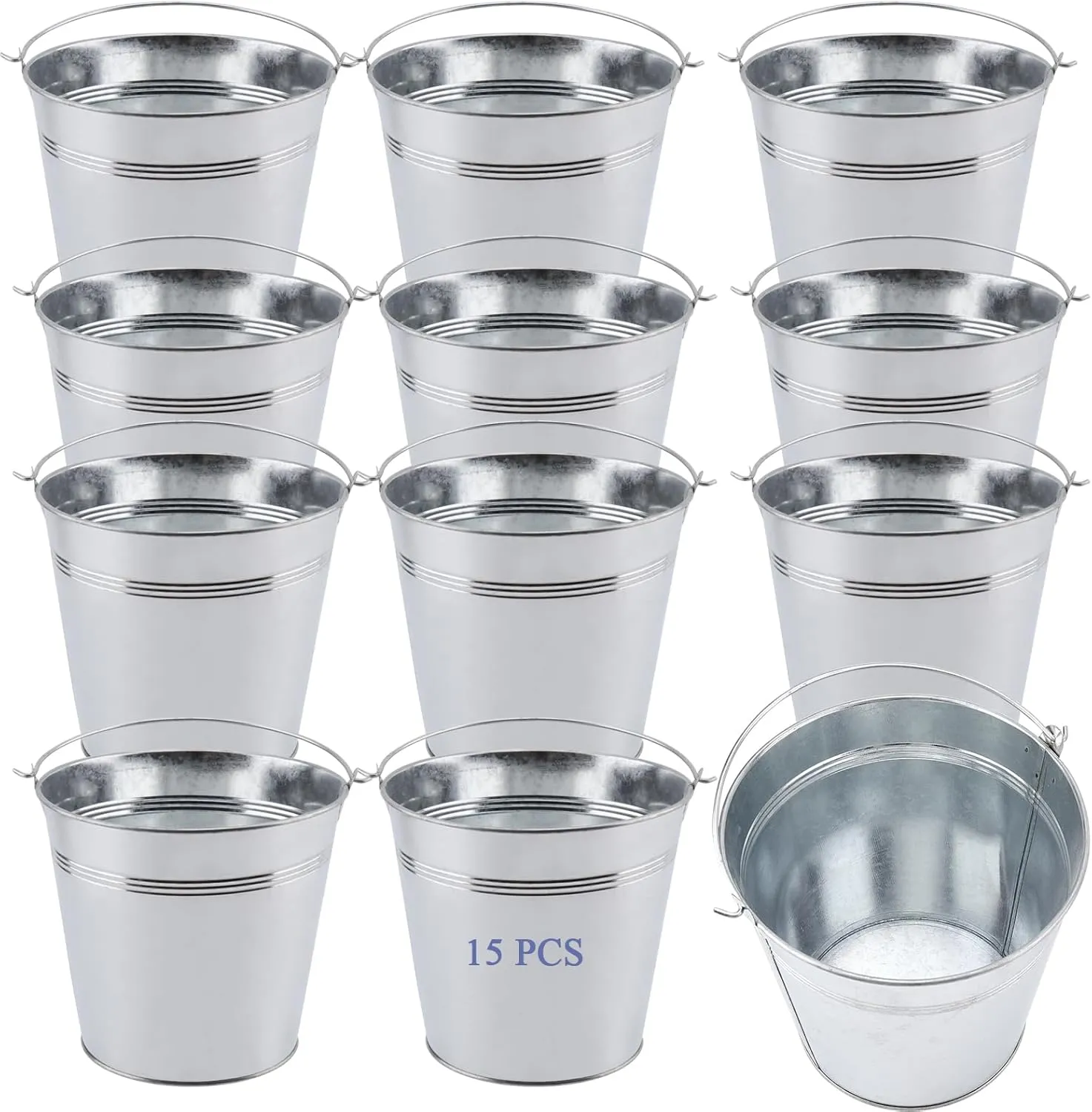 15PCS 5 Inch Galvanized Bucket, Small Metal Bucket with Handle, Tin Buckets Small, Metal Buckets for Party, Candy Bars, Crafts, Vase, Favors