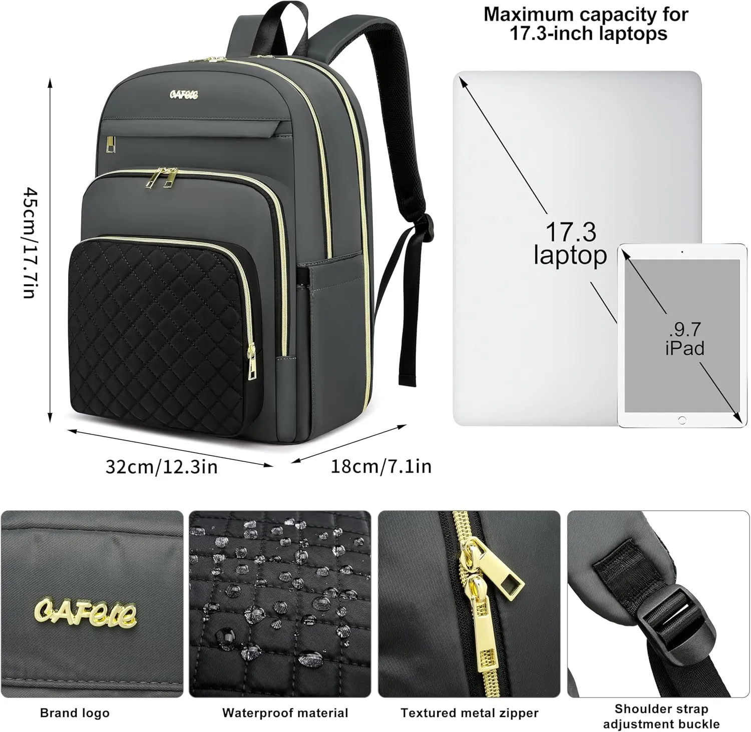 17 Inch Laptop Backpack,Convertible Large Capacity Water-repellent Quilted Casual Daypack with USB Port,Work Business Travel Computer College Bags,Black-Grey(2326H-03)