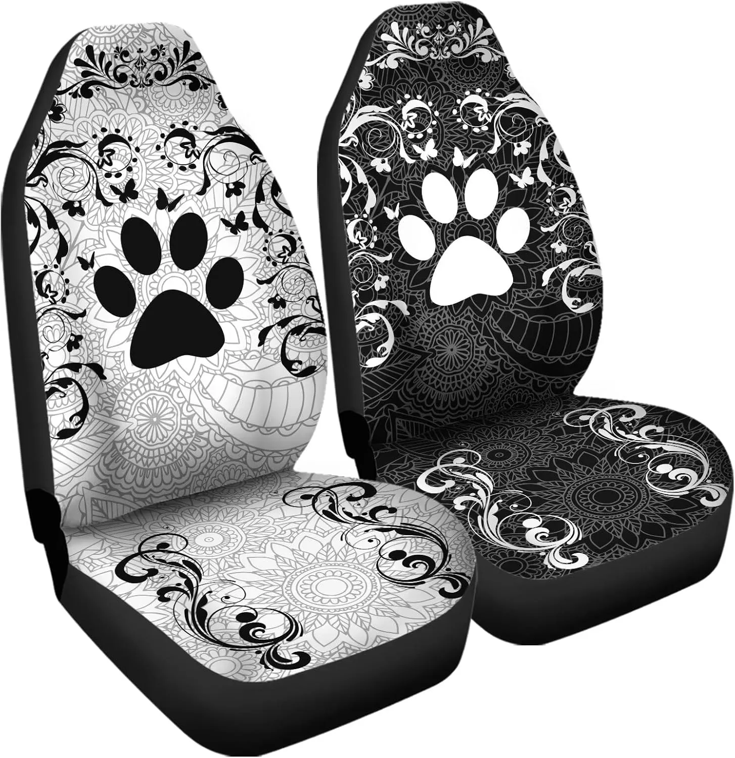 Boho Floral Paw Print Car Seat Covers 2 PCS Elastic Bucket Front Seat Protector Cover Breathable Universal for Vehicle SUV Sedan Trucks for Women Men
