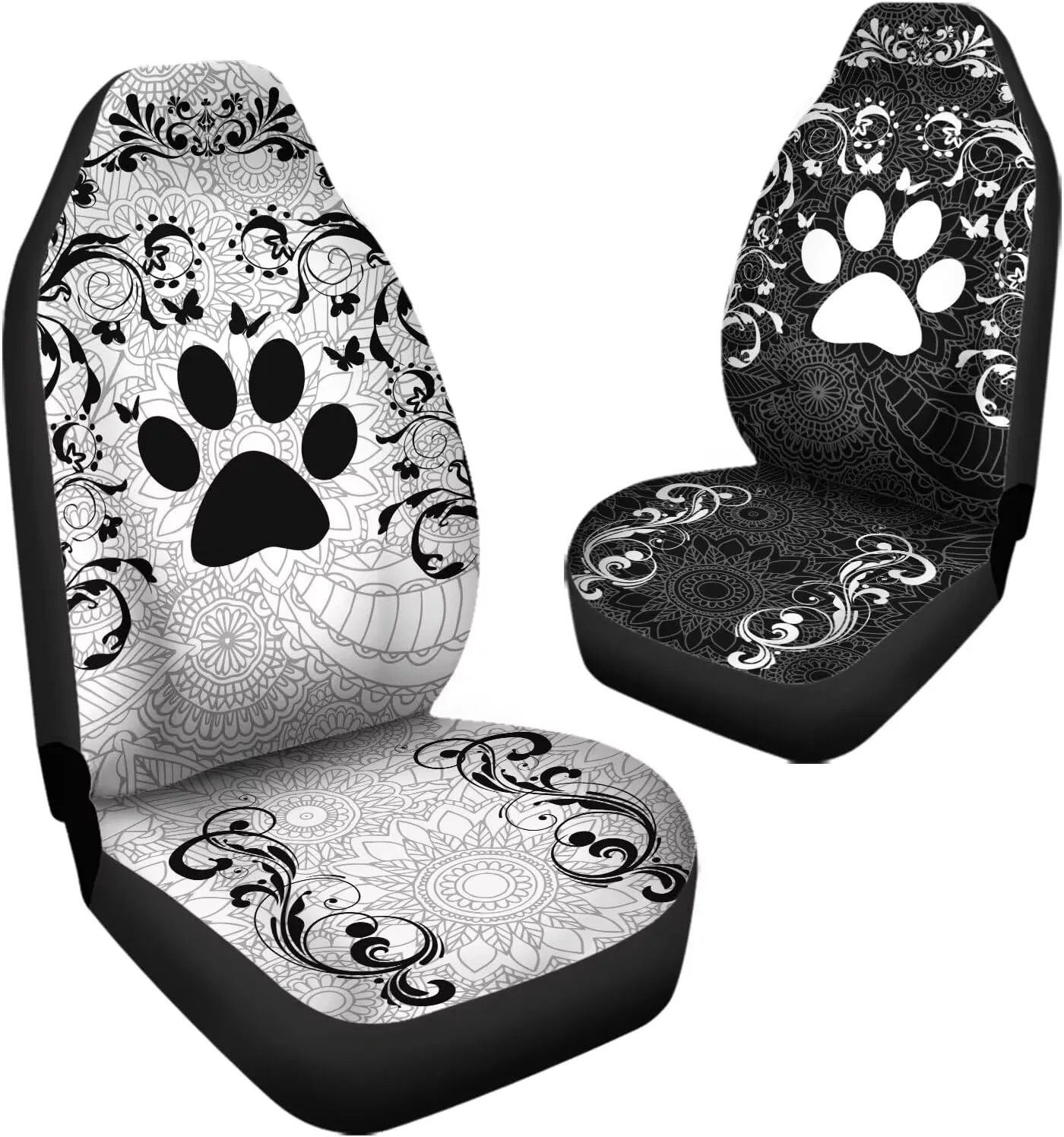 Boho Floral Paw Print Car Seat Covers 2 PCS Elastic Bucket Front Seat Protector Cover Breathable Universal for Vehicle SUV Sedan Trucks for Women Men