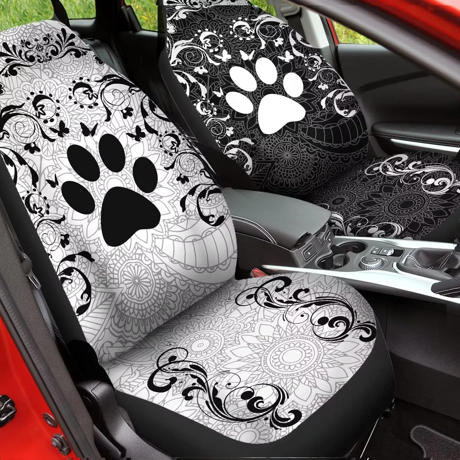 Boho Floral Paw Print Car Seat Covers 2 PCS Elastic Bucket Front Seat Protector Cover Breathable Universal for Vehicle SUV Sedan Trucks for Women Men