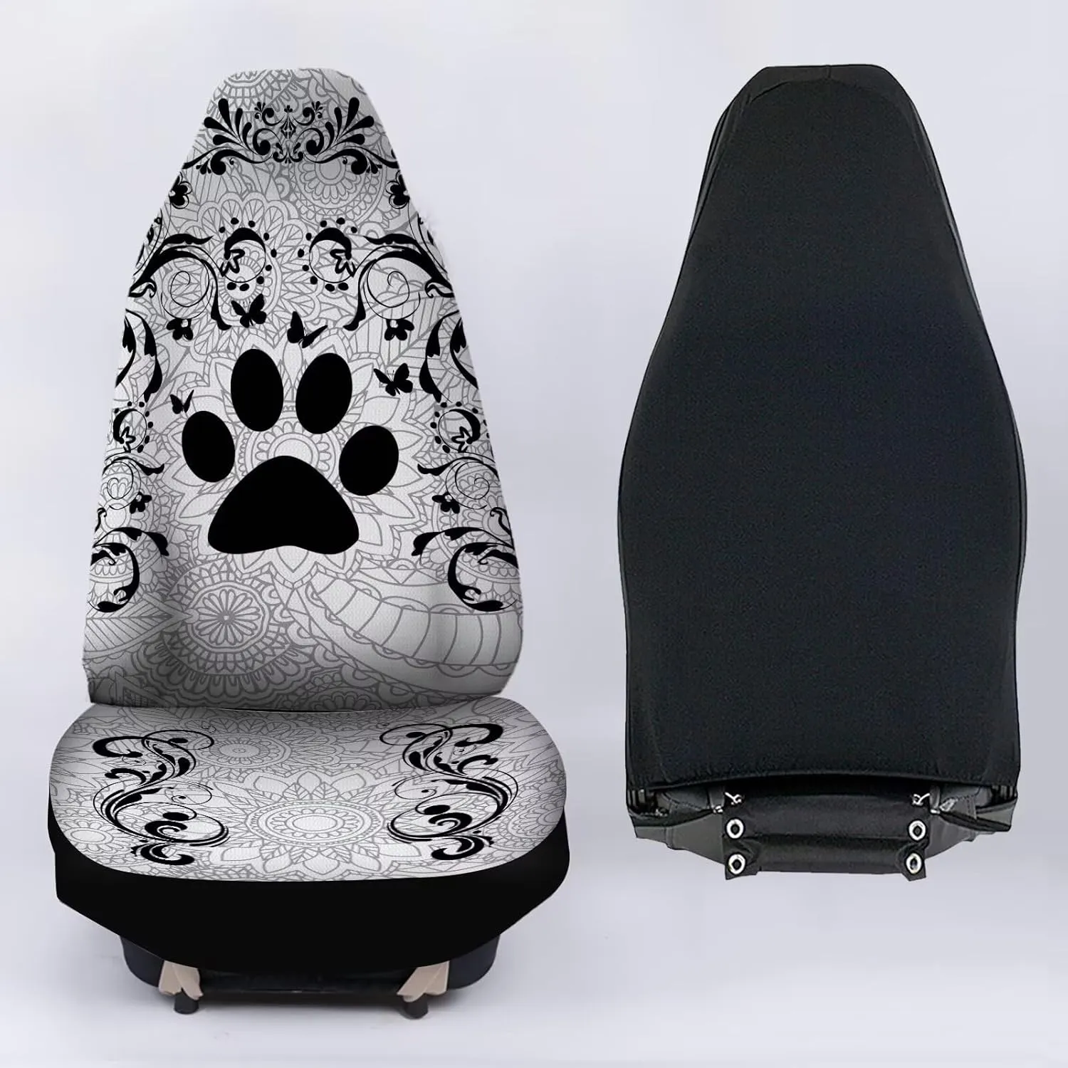 Boho Floral Paw Print Car Seat Covers 2 PCS Elastic Bucket Front Seat Protector Cover Breathable Universal for Vehicle SUV Sedan Trucks for Women Men