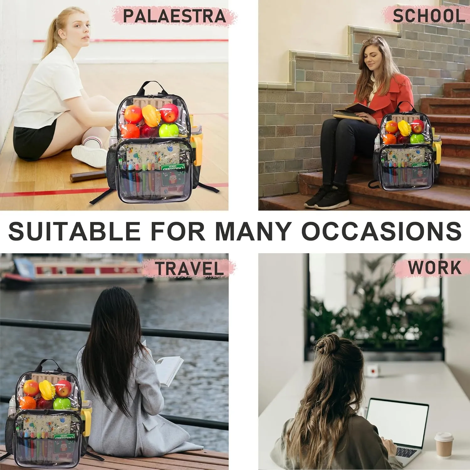 Clear Backpack,See Through Backpack School Approved Heavy Duty Clear Backpack Transparent Bookbag for College Work Travel Security,Coffee