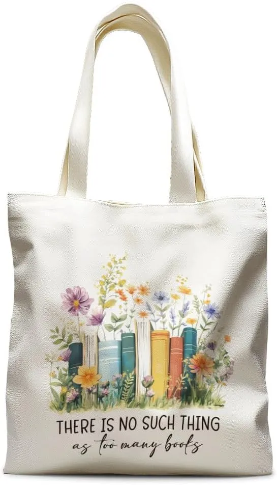 Cute Books Canvas Tote Bag Birthday Gifts for Book Lover,Flower Library Book Tote Bag Gifts for Women Librarian,There is No Such Thing as Too Many Books,Bookish Reading Gift for Readers-14