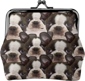 Funny Boston Terrier Dog Lovers Print Coin Purses For Women Girls, Pu Leather Vintage Buckle Coin Kiss-Lock Change Purse Card Holder Pouch Cute Puppy Dogs Wallets Small Makeup Bags Birthday Gifts