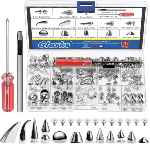 Glarks 98Pcs Silver Mixed Shape Spikes Studs Rivets Kit with Install Tools, Screw Back Bullet Cone Studs and Spikes Punk Rivets Set for Leather Belts Bags Shoes Dog Collars DIY Craft Decoration