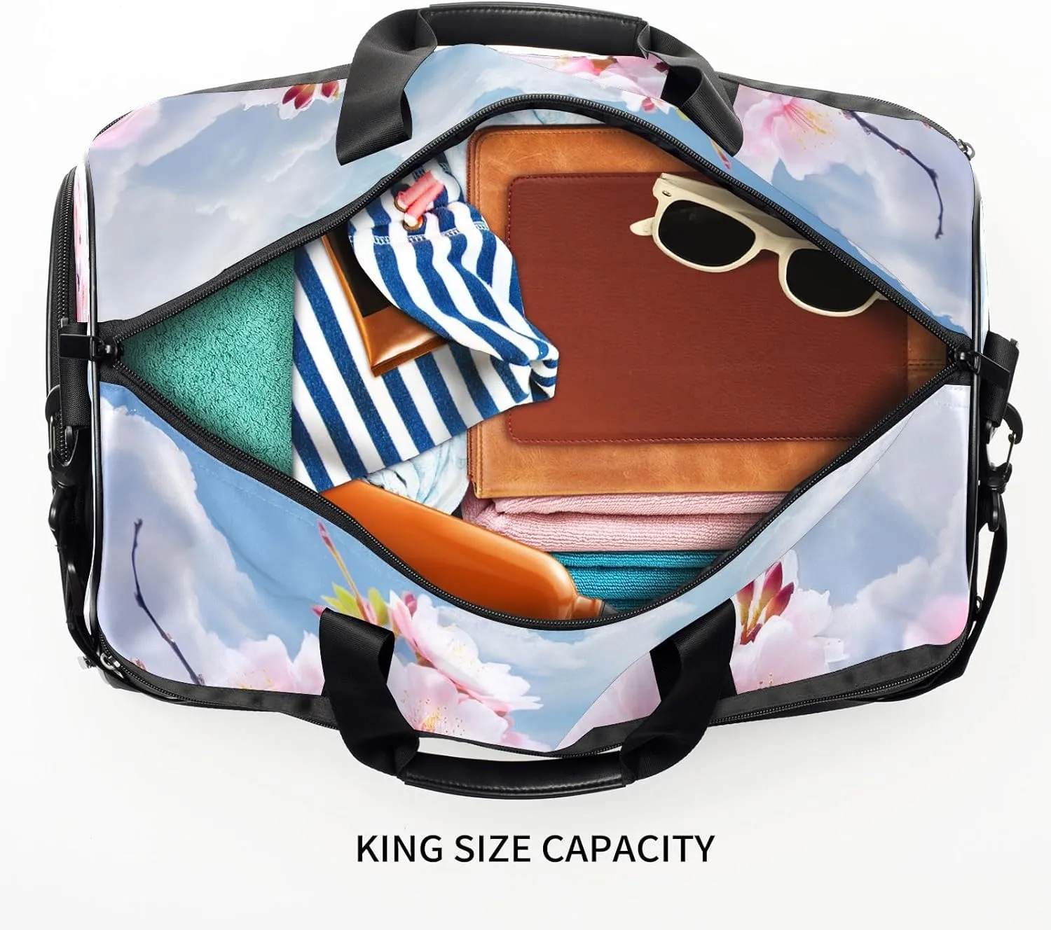Gym Bag for Women Men, Yoga Bag with Shoe Pocket, Travel Duffel Tote Bag for Plane, Workout, Swimming, Weekend Overnight Bag Carry on Bag Hospital Holdalls, Peach Blossom Cloud Rainbow - 3