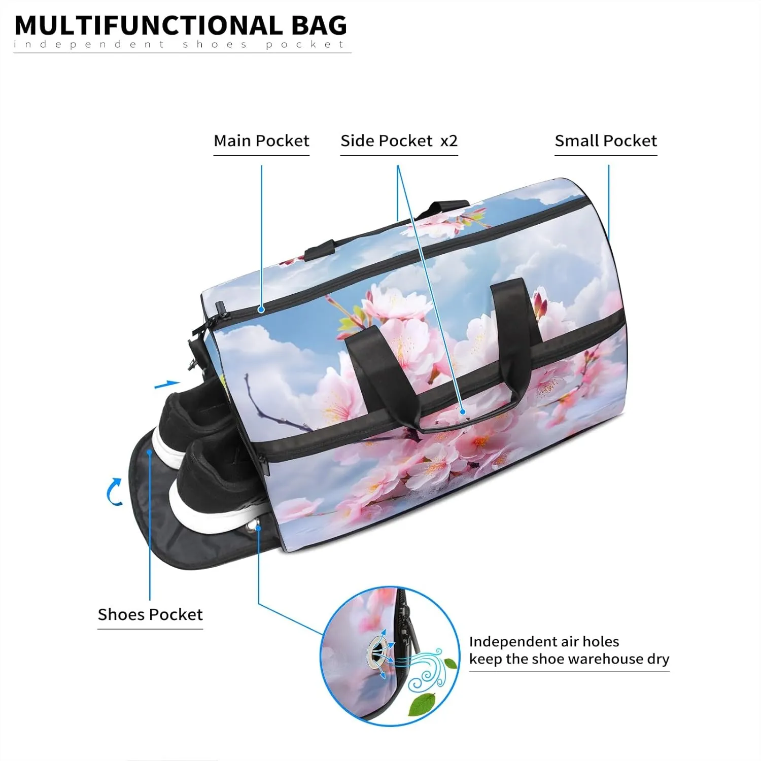Gym Bag for Women Men, Yoga Bag with Shoe Pocket, Travel Duffel Tote Bag for Plane, Workout, Swimming, Weekend Overnight Bag Carry on Bag Hospital Holdalls, Peach Blossom Cloud Rainbow - 3