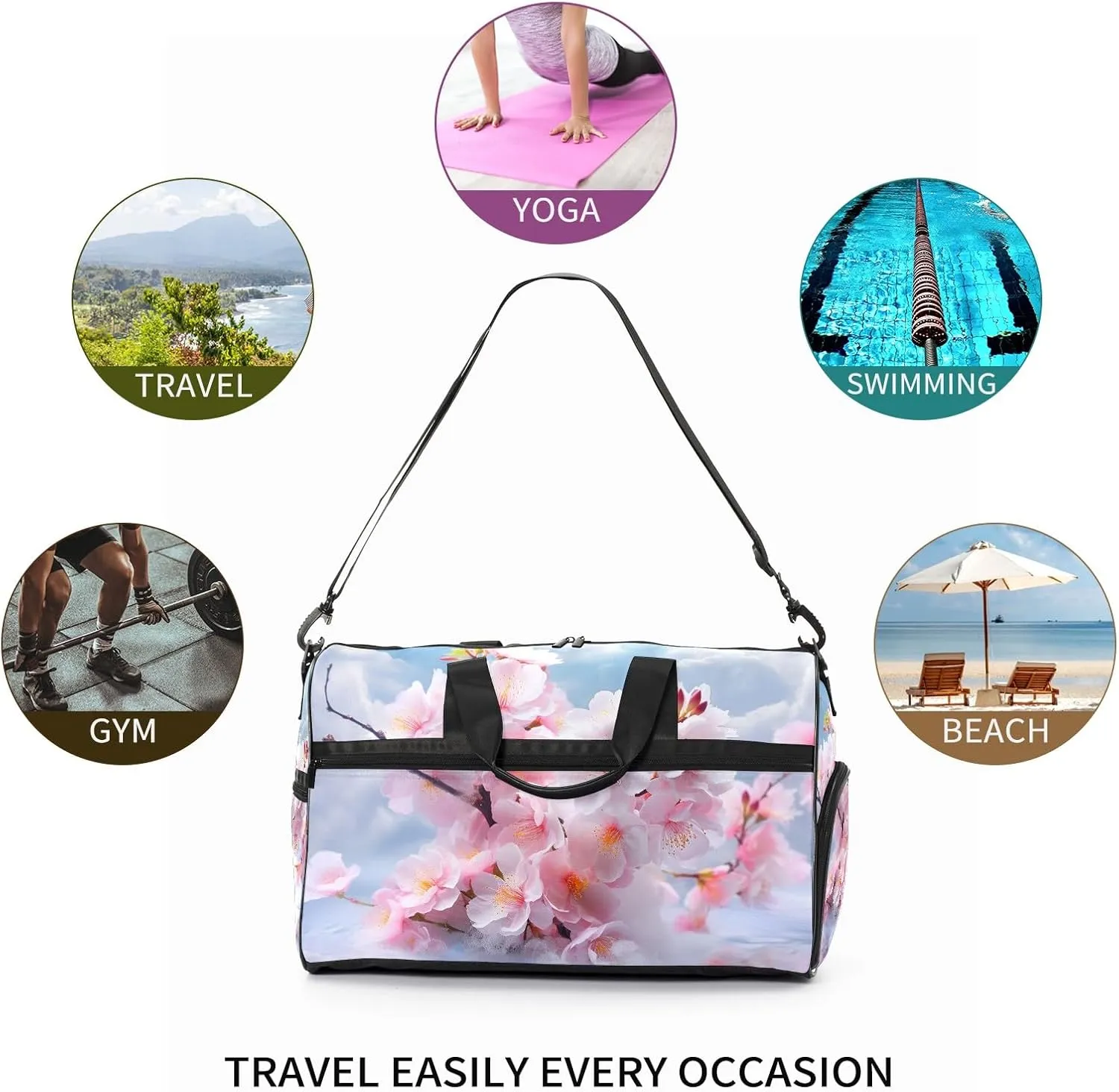 Gym Bag for Women Men, Yoga Bag with Shoe Pocket, Travel Duffel Tote Bag for Plane, Workout, Swimming, Weekend Overnight Bag Carry on Bag Hospital Holdalls, Peach Blossom Cloud Rainbow - 3