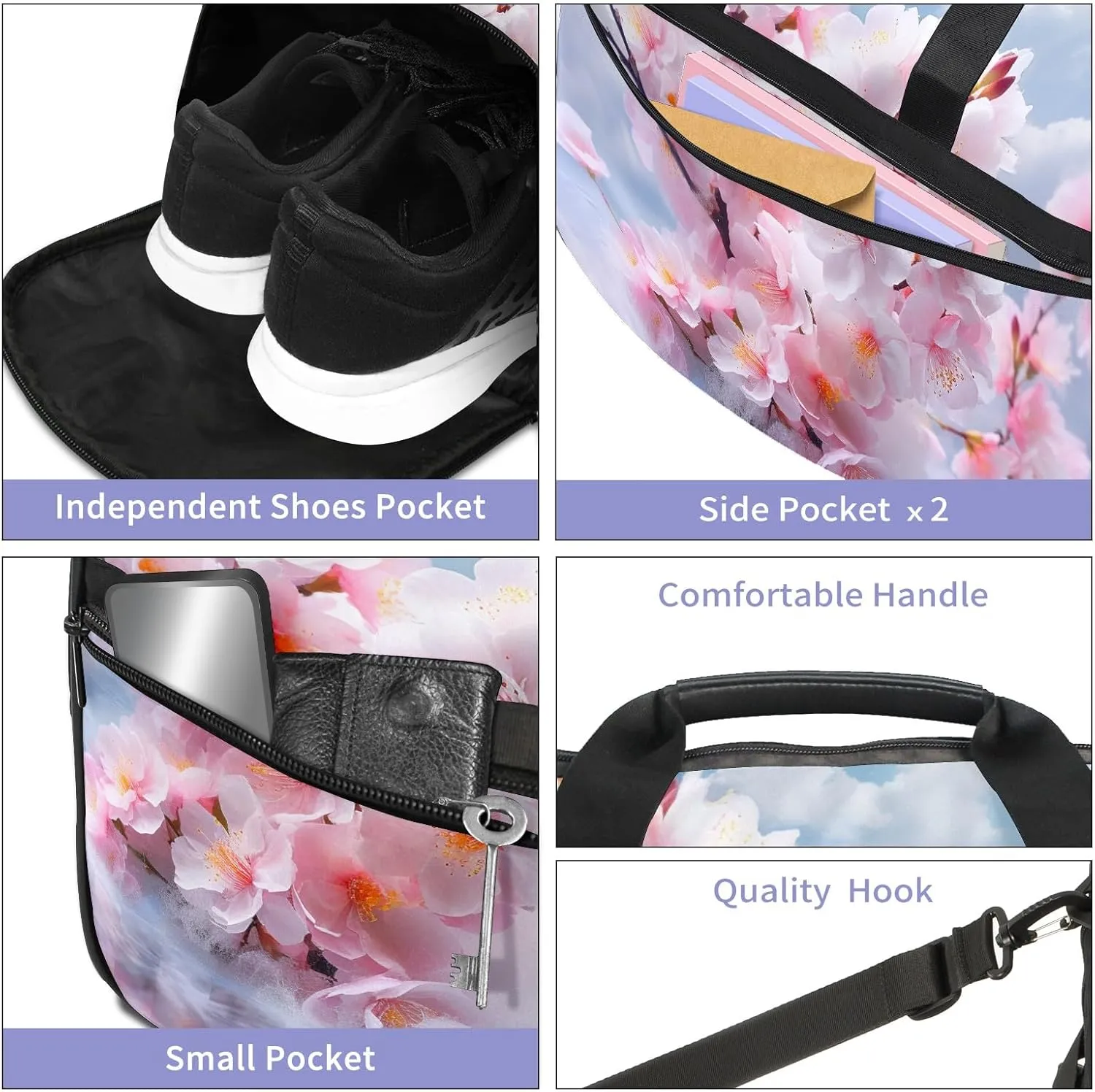 Gym Bag for Women Men, Yoga Bag with Shoe Pocket, Travel Duffel Tote Bag for Plane, Workout, Swimming, Weekend Overnight Bag Carry on Bag Hospital Holdalls, Peach Blossom Cloud Rainbow - 3