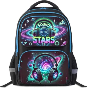 Headphone Kids School Backpack, 17" Elementary and Middle School Bag for Boys and Girls, Adjustable Straps and Lightweight Bookbag for Travel and Back to School, Ages 618