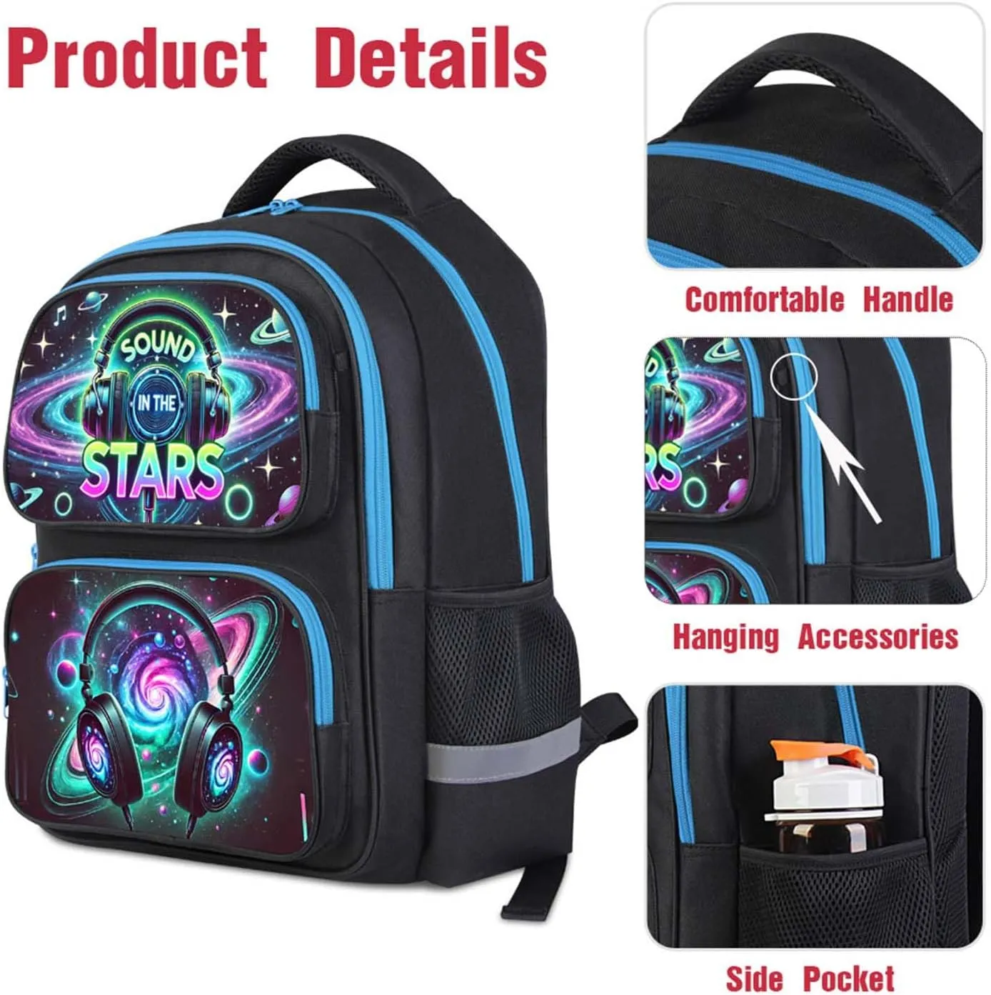 Headphone Kids School Backpack, 17" Elementary and Middle School Bag for Boys and Girls, Adjustable Straps and Lightweight Bookbag for Travel and Back to School, Ages 618