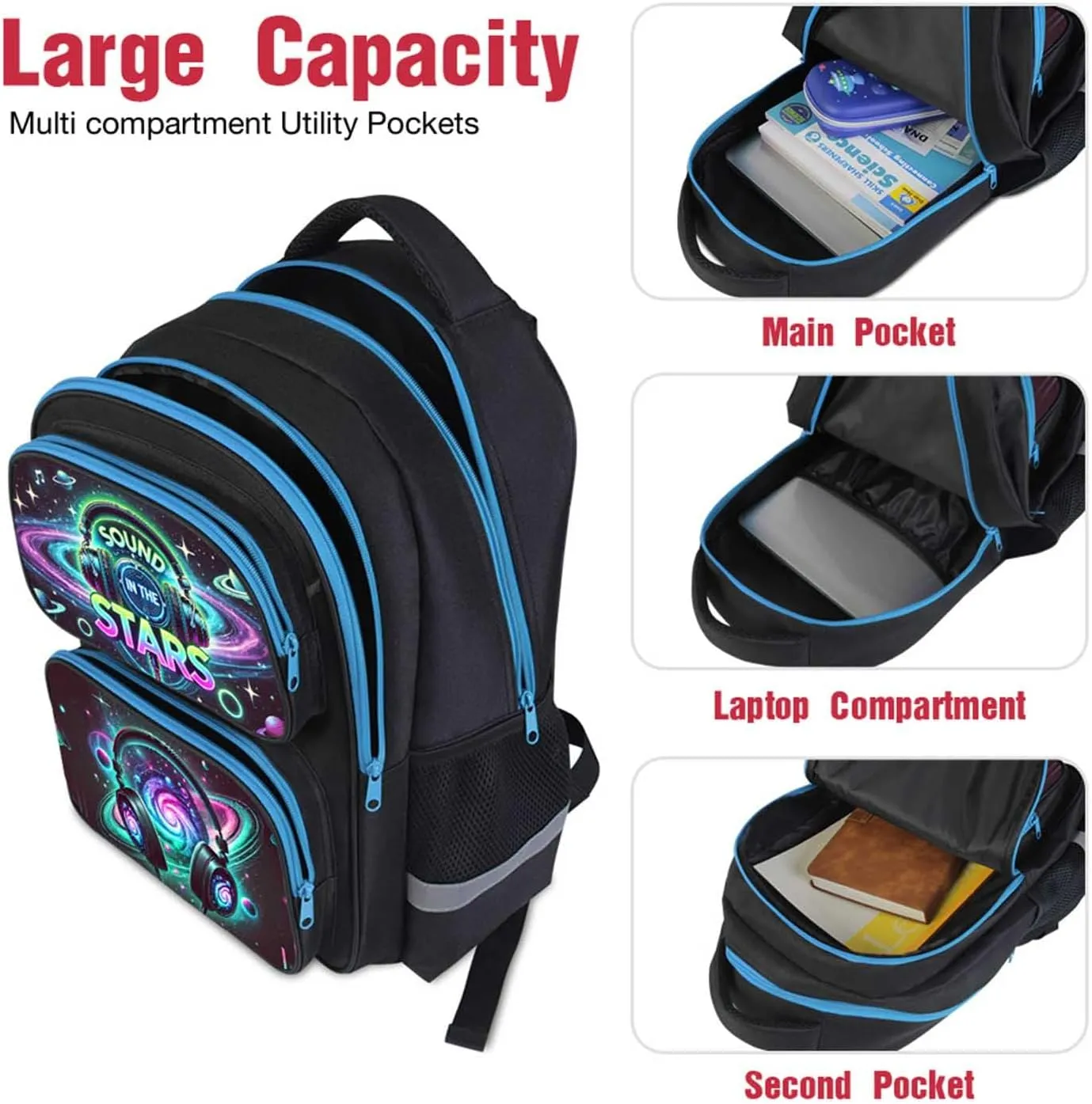 Headphone Kids School Backpack, 17" Elementary and Middle School Bag for Boys and Girls, Adjustable Straps and Lightweight Bookbag for Travel and Back to School, Ages 618