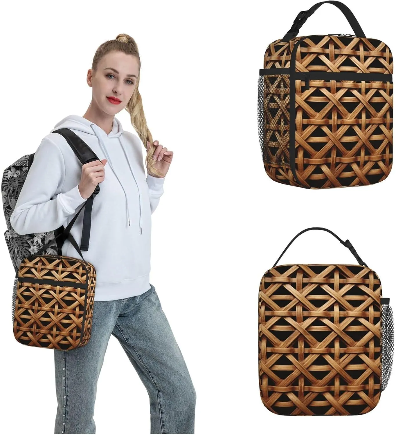 Insulated Lunch Box Wicker Woven Grid Lunch Bag for Women Men Cooler Bag Lunch Tote Bag for Picnic Work