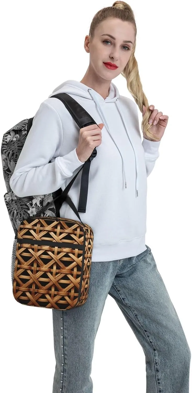 Insulated Lunch Box Wicker Woven Grid Lunch Bag for Women Men Cooler Bag Lunch Tote Bag for Picnic Work
