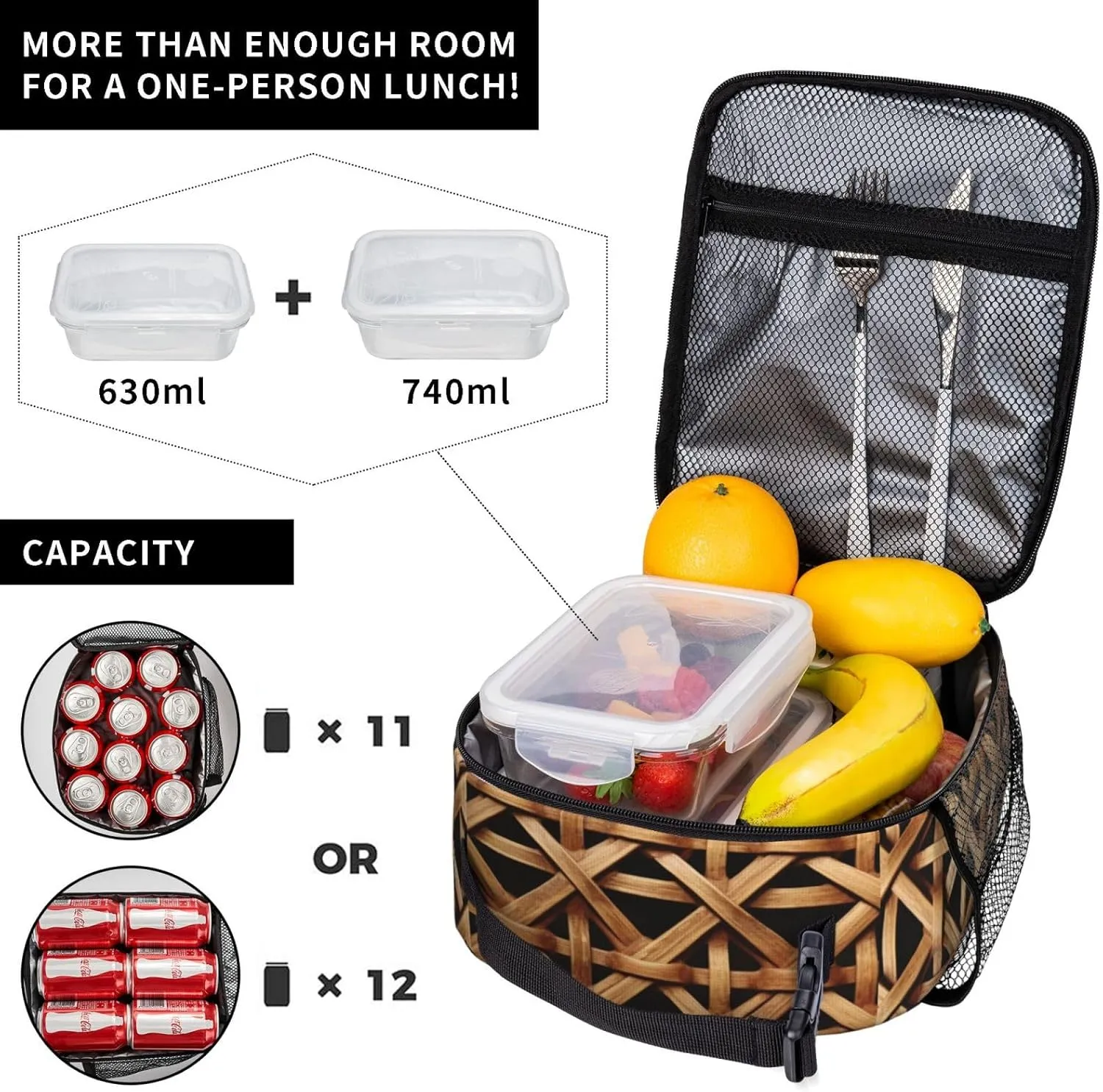 Insulated Lunch Box Wicker Woven Grid Lunch Bag for Women Men Cooler Bag Lunch Tote Bag for Picnic Work