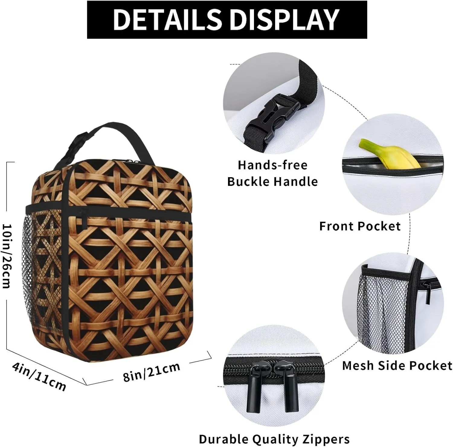 Insulated Lunch Box Wicker Woven Grid Lunch Bag for Women Men Cooler Bag Lunch Tote Bag for Picnic Work