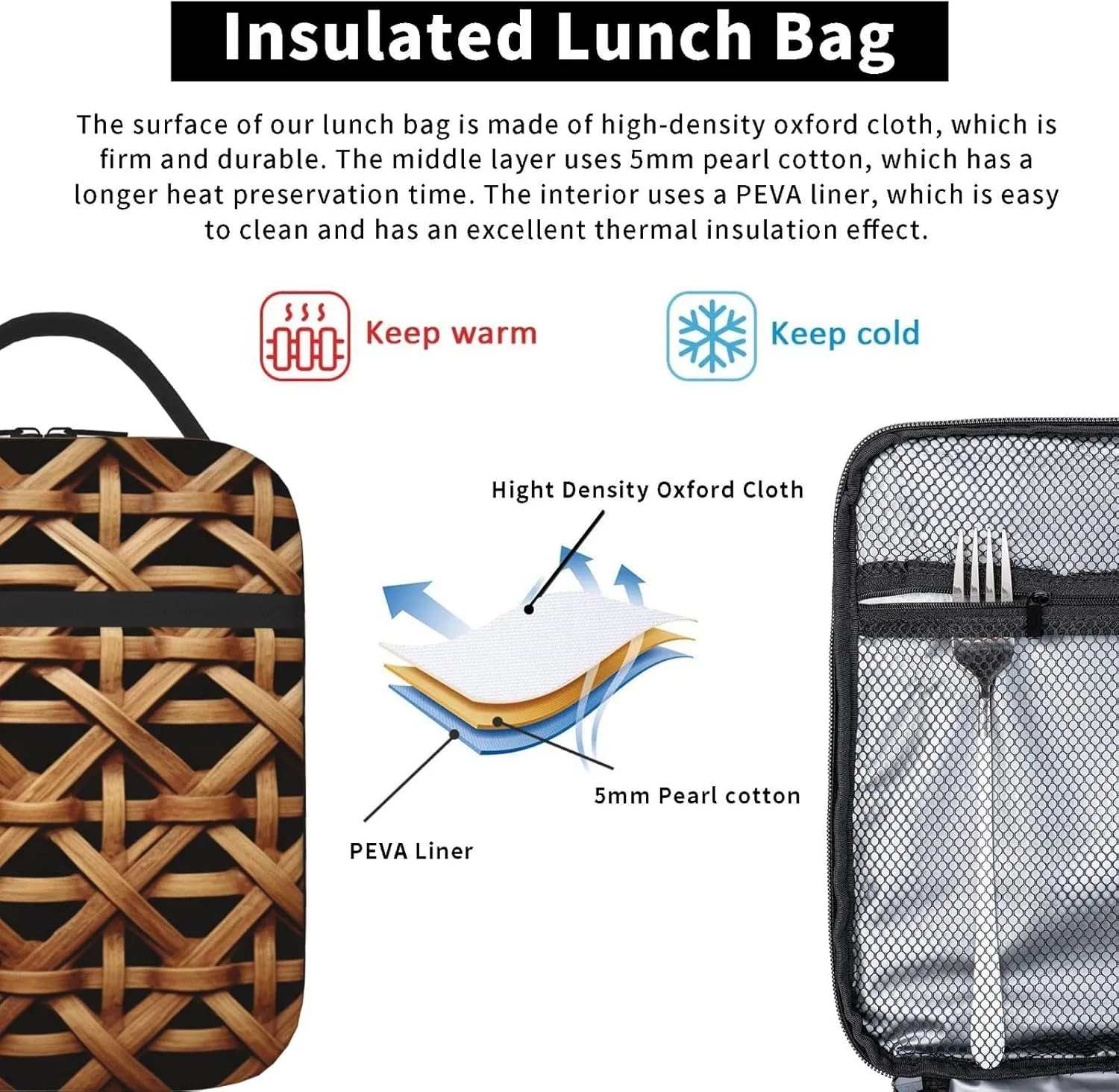 Insulated Lunch Box Wicker Woven Grid Lunch Bag for Women Men Cooler Bag Lunch Tote Bag for Picnic Work