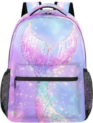 Kids School Backpack Elegant Mermaid Tail Ombre Glitter Sparkle Large Bookbag for Elementary Students Girls Lightweight Travel Casual Daypack Water Resistant Outdoor Sport Hiking Rucksack