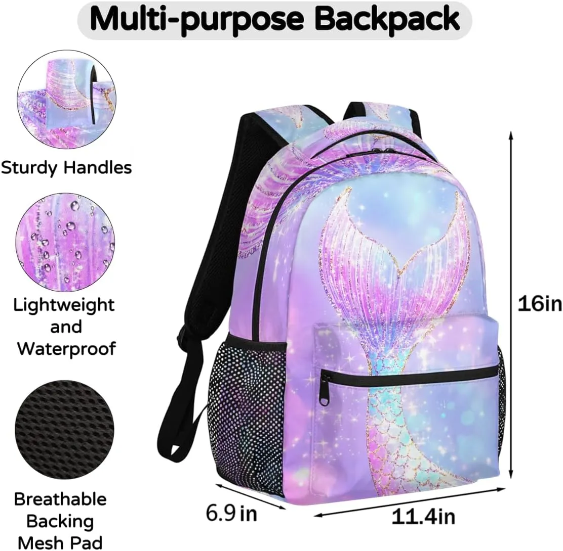 Kids School Backpack Elegant Mermaid Tail Ombre Glitter Sparkle Large Bookbag for Elementary Students Girls Lightweight Travel Casual Daypack Water Resistant Outdoor Sport Hiking Rucksack
