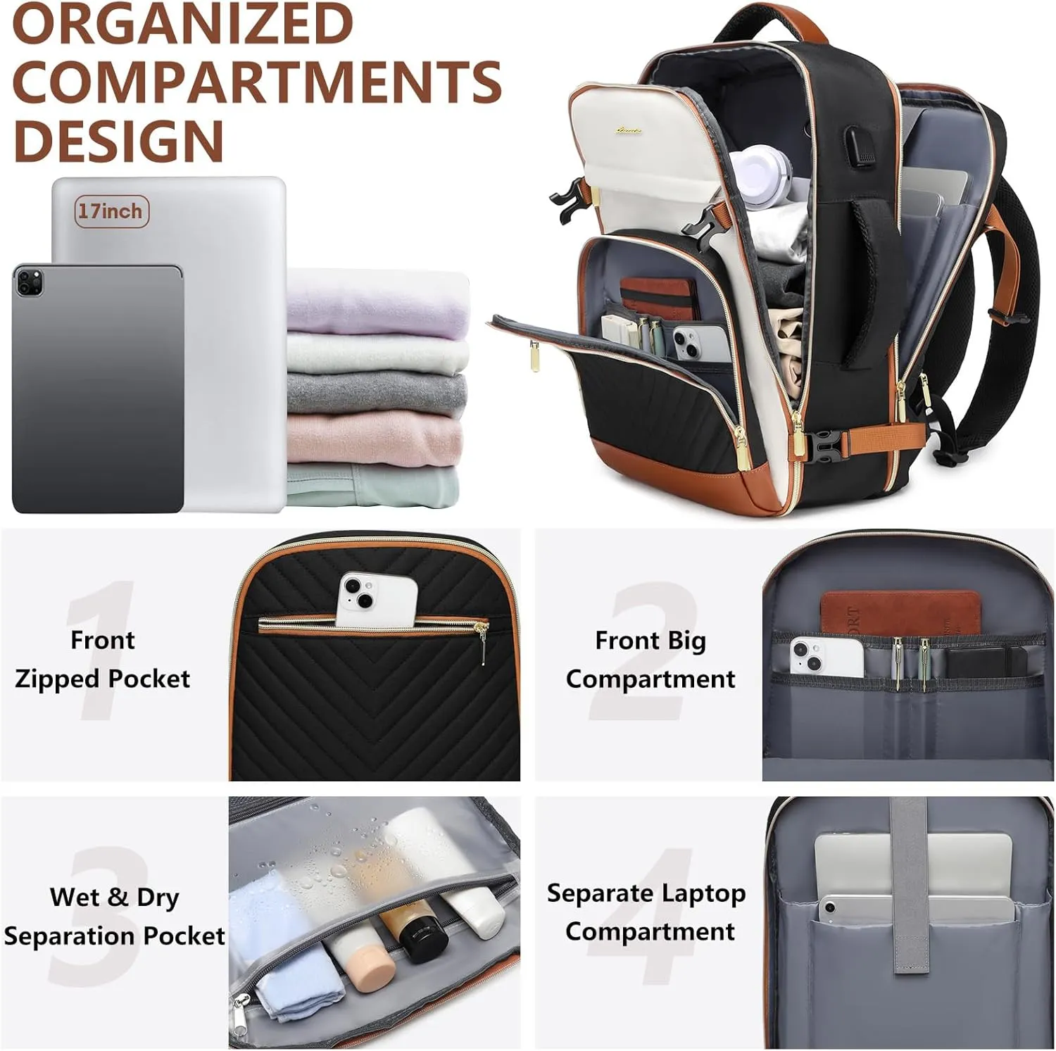 Large Carry On Travel Backpack: Flight Approved 40L Waterproof TSA Personal Item Daypack for Women Weekender Bag fit 17inch Laptop Luggage Backpack Traveling Business with USB Port and 3 Packing Cubes