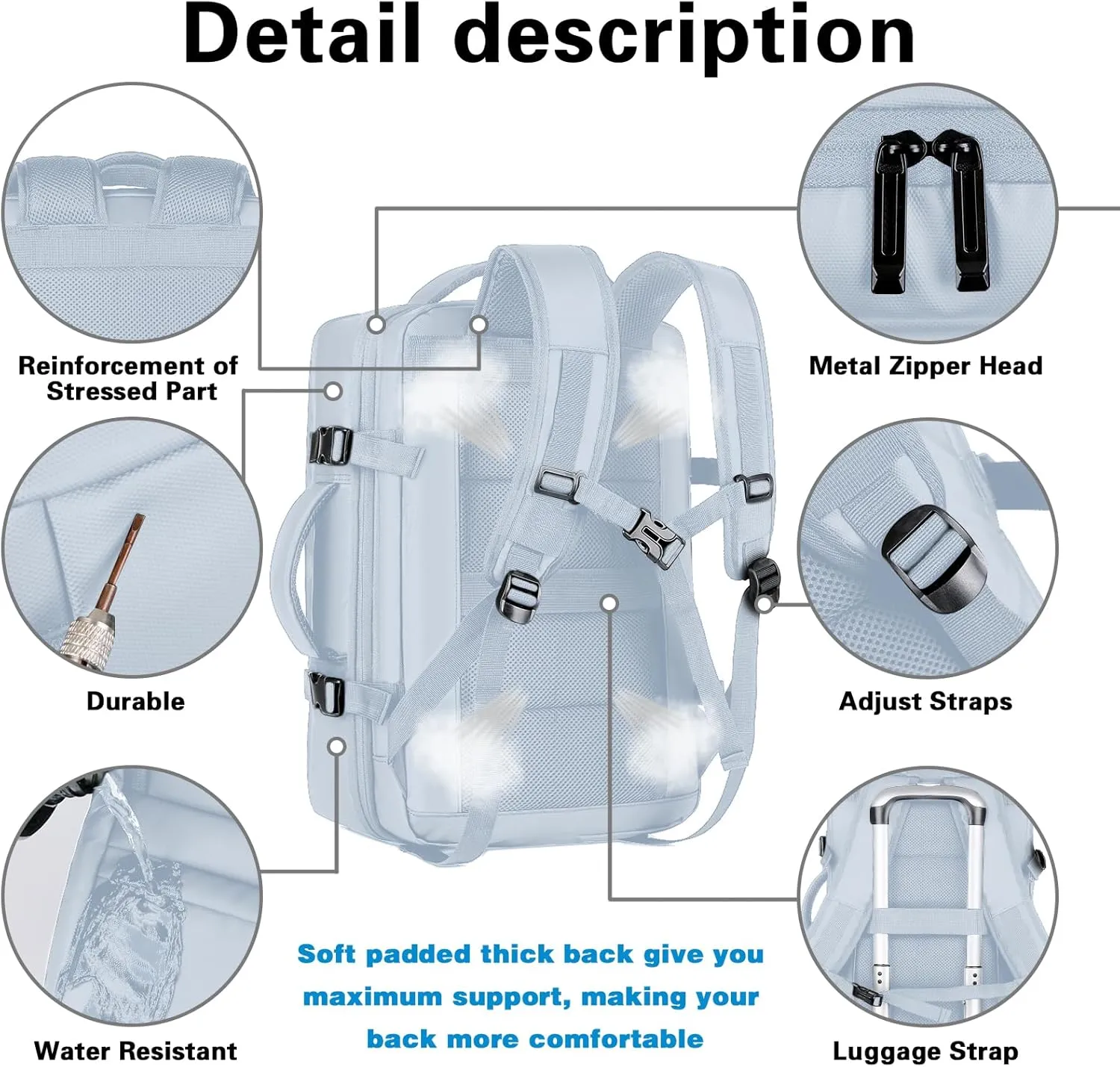 Large Travel Backpack, Carry on Backpack for Women, 40L Expandable Flight Approved Laptop Backpack Waterproof Business Luggage Suitcase Daypack with USB Charging Port, Travel Gifts for Women, Blue