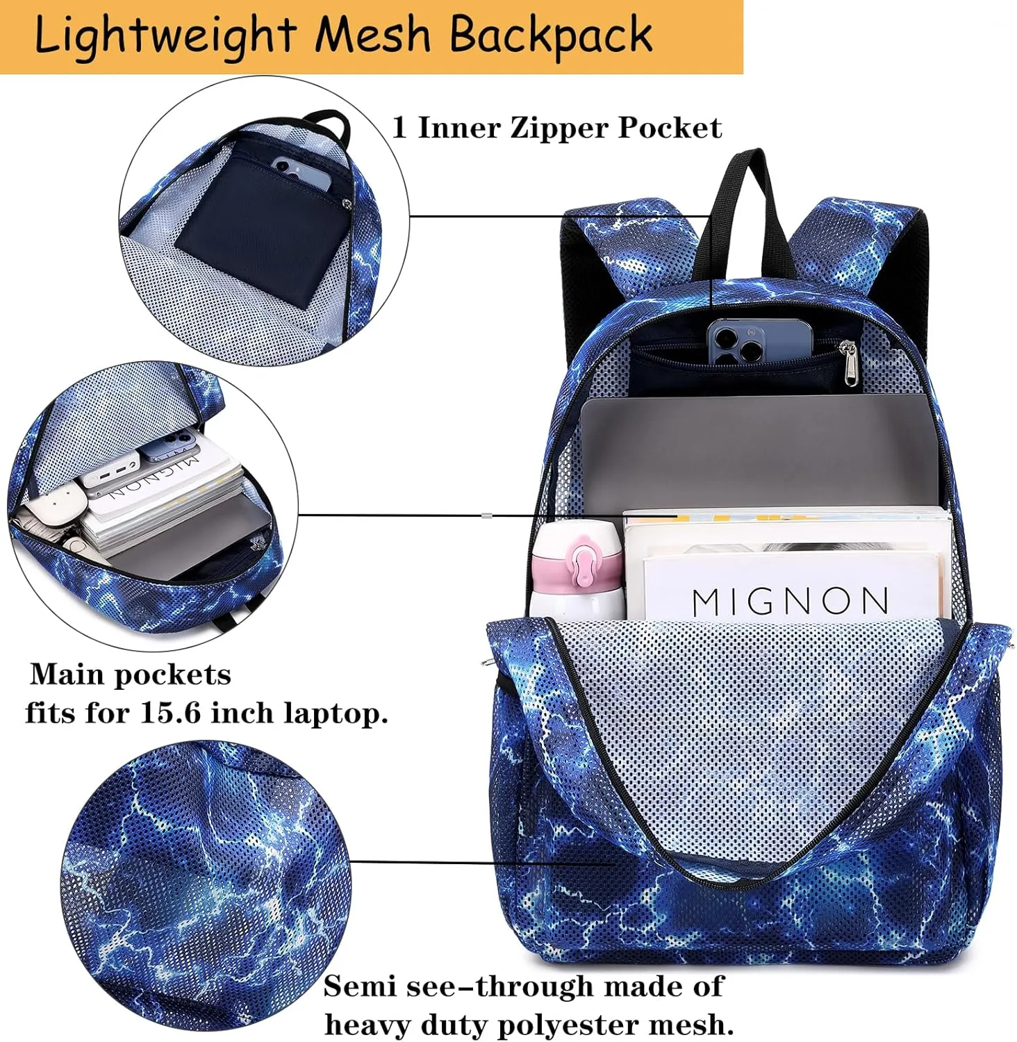 Mesh Backpack for Kids Boys Girls Semi-Transparent Mesh School Backpack Bookbag Set Lightweight Casual for Gym Beach Travel