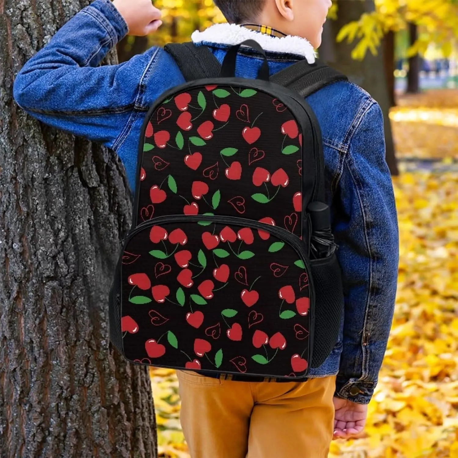 Red Cherry Black Backpack 17 Inch Polyster Lightweight Laptop Backpack Shoulder Bag School Bookbag Casual Daypack