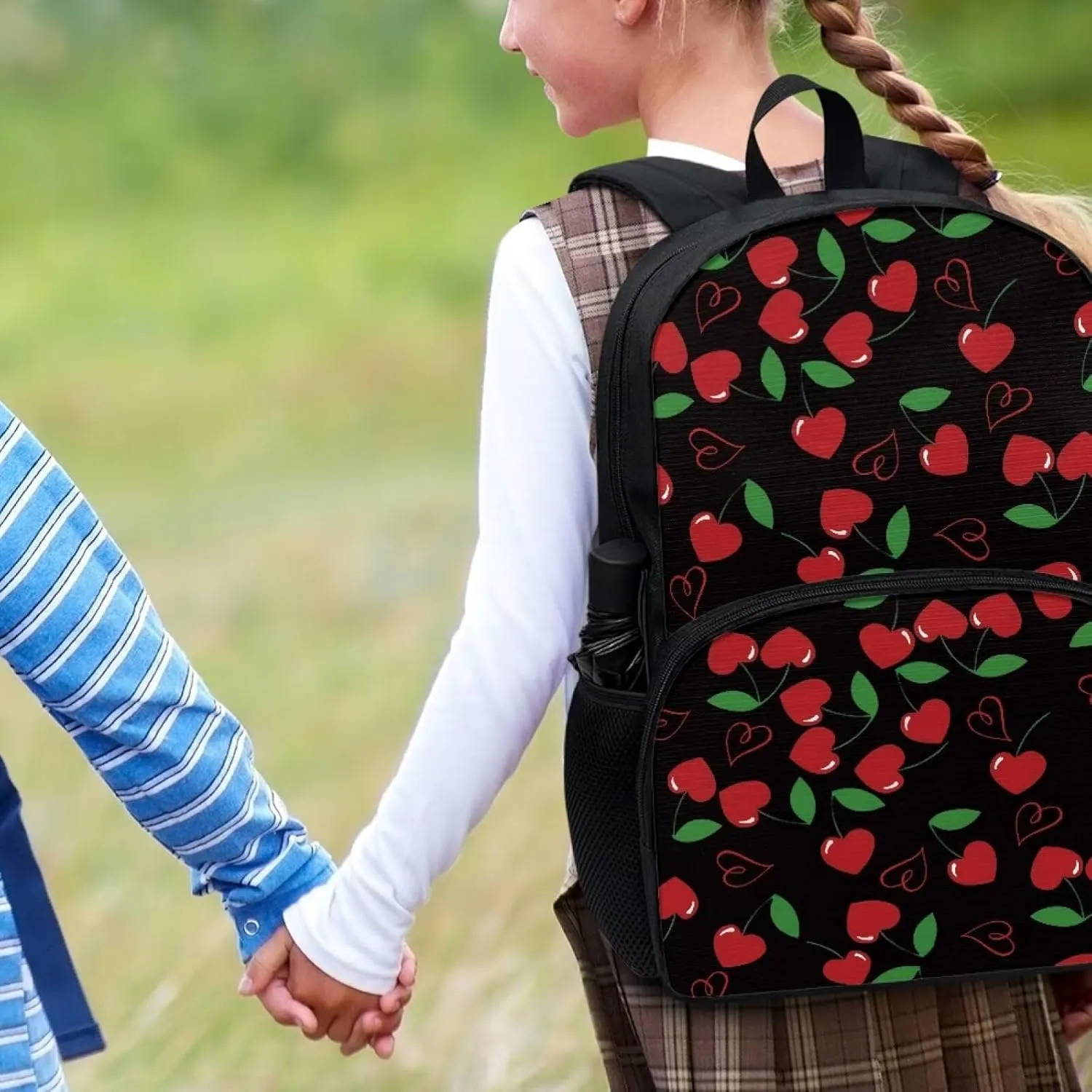 Red Cherry Black Backpack 17 Inch Polyster Lightweight Laptop Backpack Shoulder Bag School Bookbag Casual Daypack