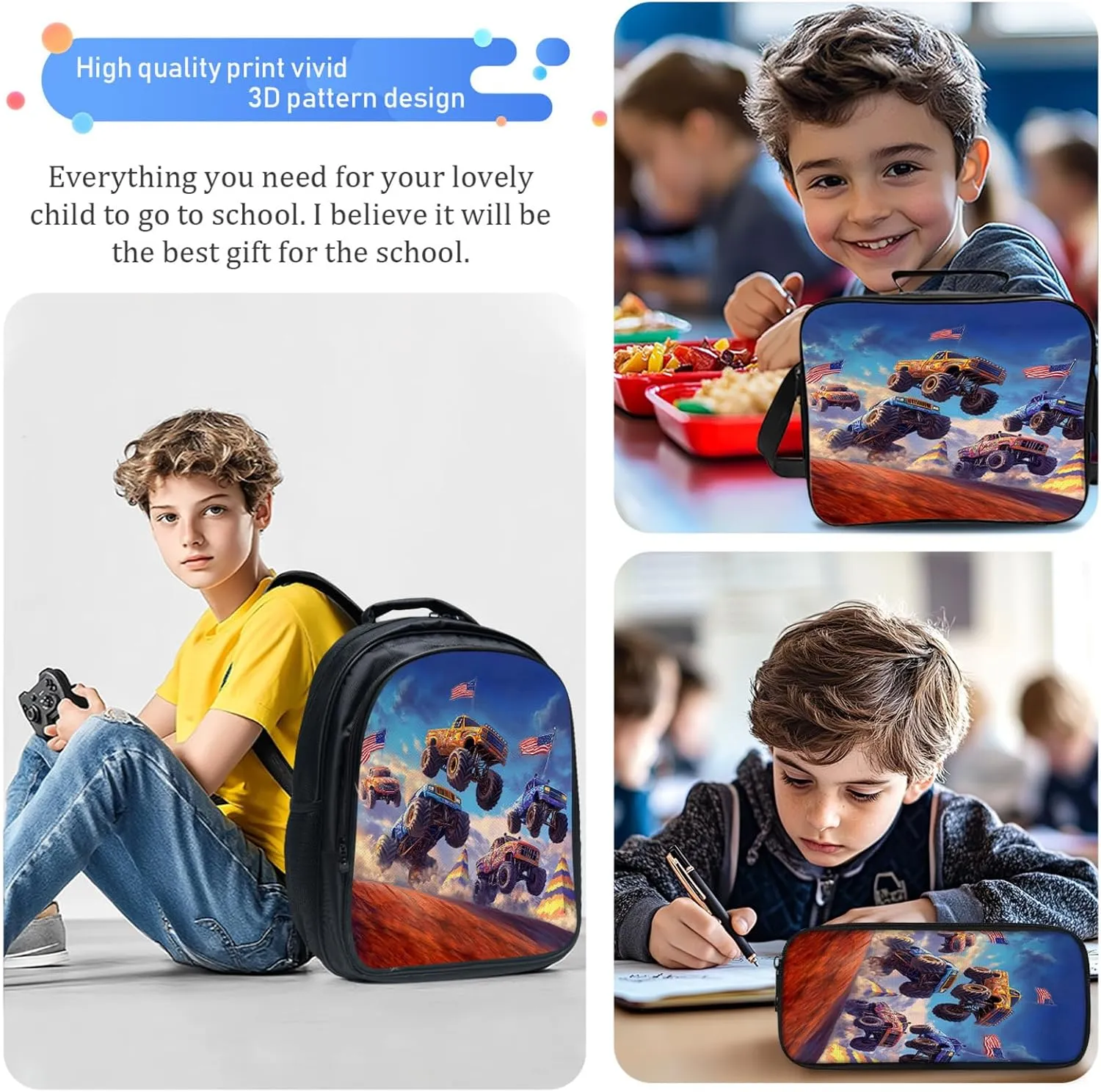 Truck Set for Girls Boys 3PCS Cool 3D School Bag with Lunch Box Pencil Case Kids Backpacks Toddler Elementary Bookbag 16 Inch