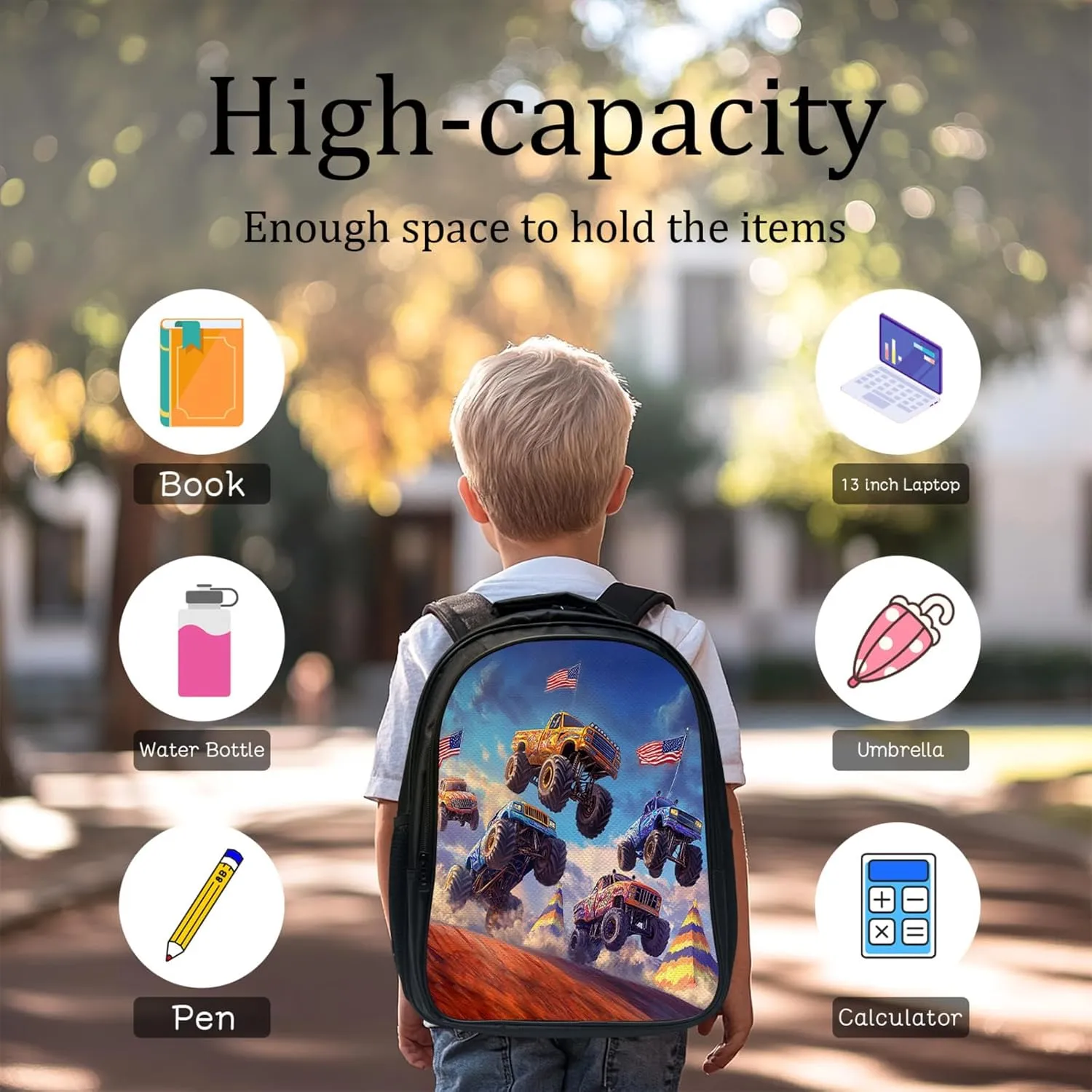 Truck Set for Girls Boys 3PCS Cool 3D School Bag with Lunch Box Pencil Case Kids Backpacks Toddler Elementary Bookbag 16 Inch