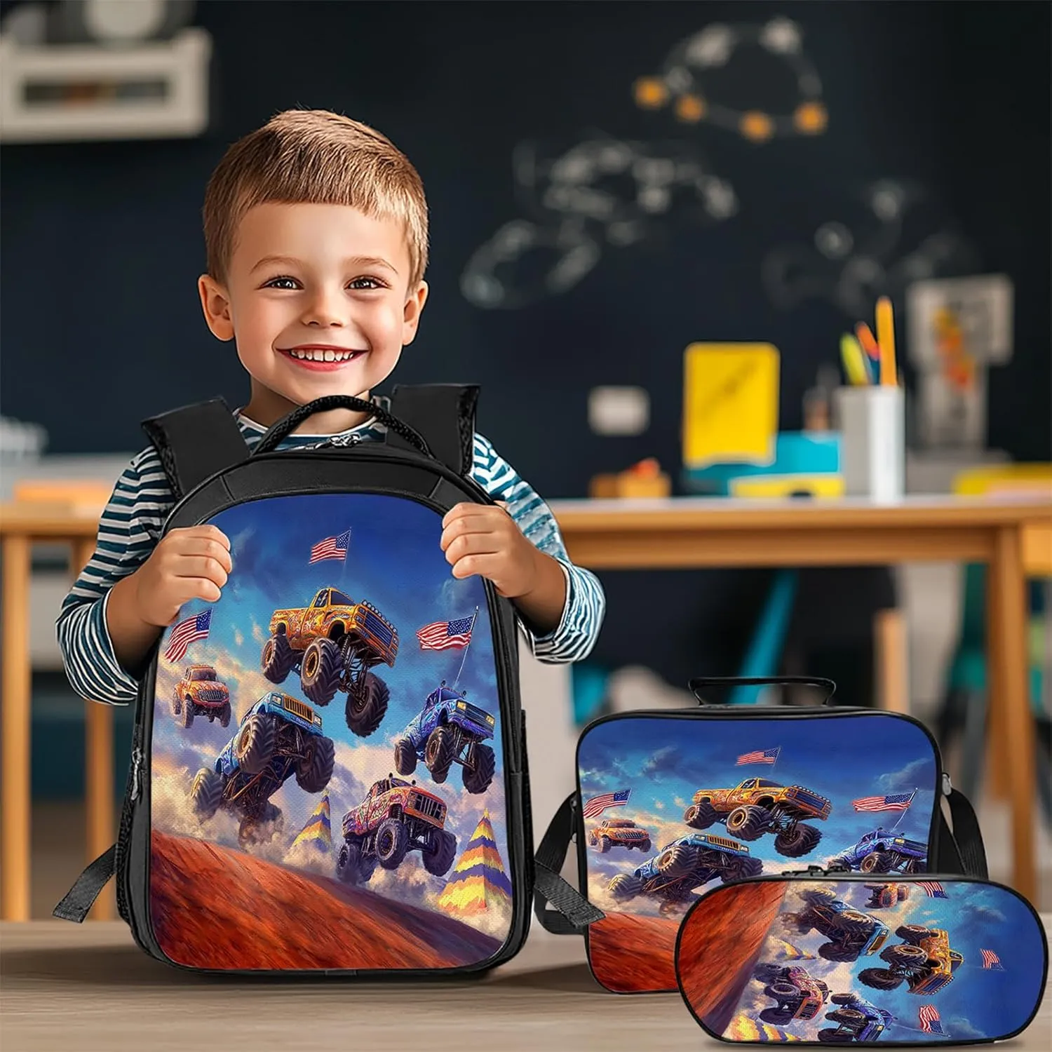 Truck Set for Girls Boys 3PCS Cool 3D School Bag with Lunch Box Pencil Case Kids Backpacks Toddler Elementary Bookbag 16 Inch
