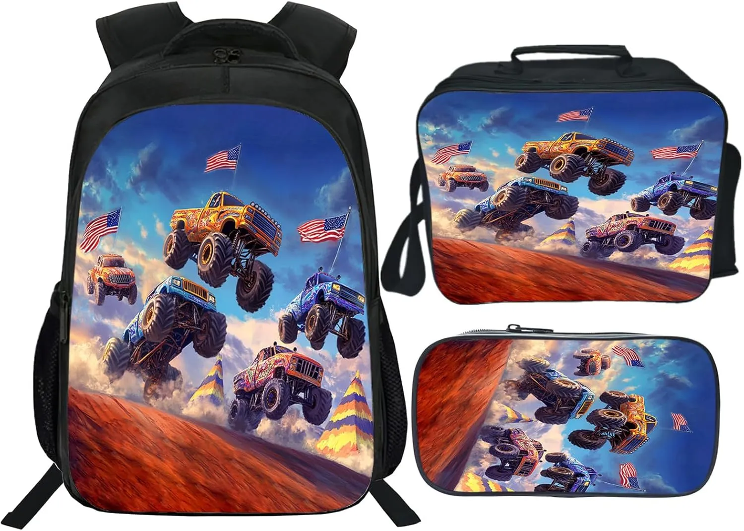 Truck Set for Girls Boys 3PCS Cool 3D School Bag with Lunch Box Pencil Case Kids Backpacks Toddler Elementary Bookbag 16 Inch