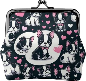 Women'S Cute Boston Terrier Pu Leather Kisslock Coin Purse, 4.52 X 4.13 Inch Change Purse For Coins And Small Essentials