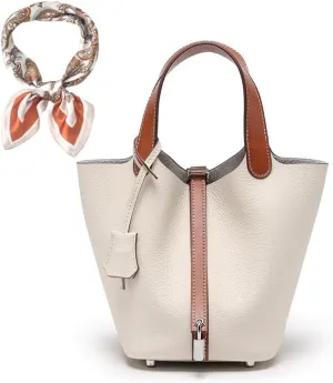 Women's Genuine Leather Bucket Bag Leather Handbag Lock Design Top-handle Purses Shoulder Handbag, Small