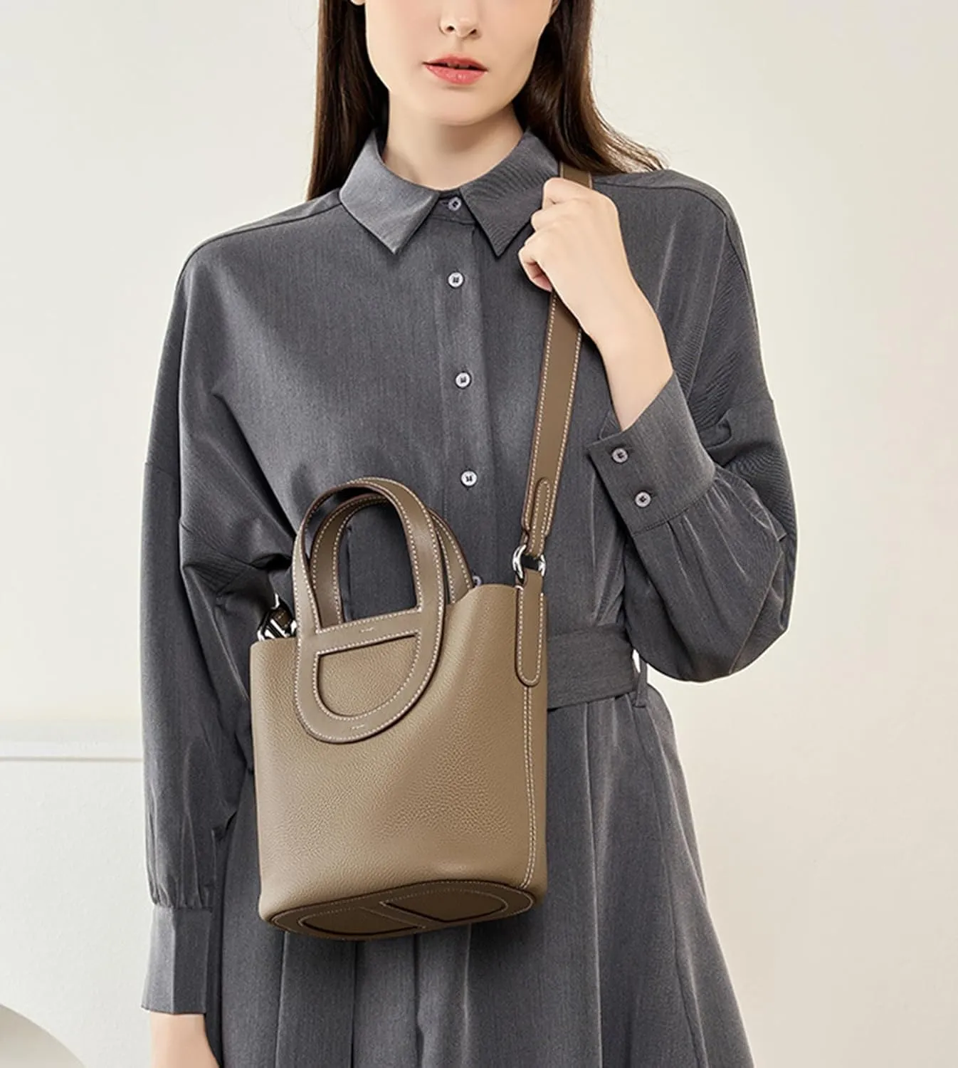 Women's Genuine Leather Bucket Bag Pig Nose Lychee Pattern Vegetable Basket Solid Color Tote Bag Trendy Handbag,Off white,19 * 12 * 20cm